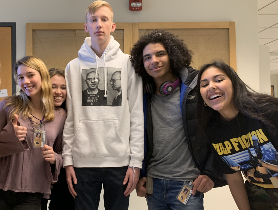 Seniors Kenzie Fisher, Anna Fike, River Blessing, Braden  Deshommes,  and Mikaela Zamora exemplify the varied levels of compliance with the school ID/lanyard policy.