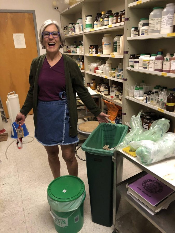 Dr. Duncan goes above and beyond the call of duty when it comes to recycling and composting. Not only does she make sure to dispose of her own waste properly—she also ensures that the rest of the schools waste is processed correctly.