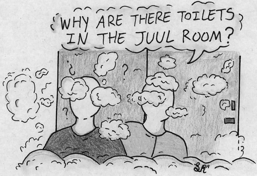 The+ubiquitous+use+of+vape+devices+in+our+restrooms+has+led+to+many+affectionately+referring+to+them+as+the+juul+rooms.+Cartoon+by+Lillian+Ruelle.+