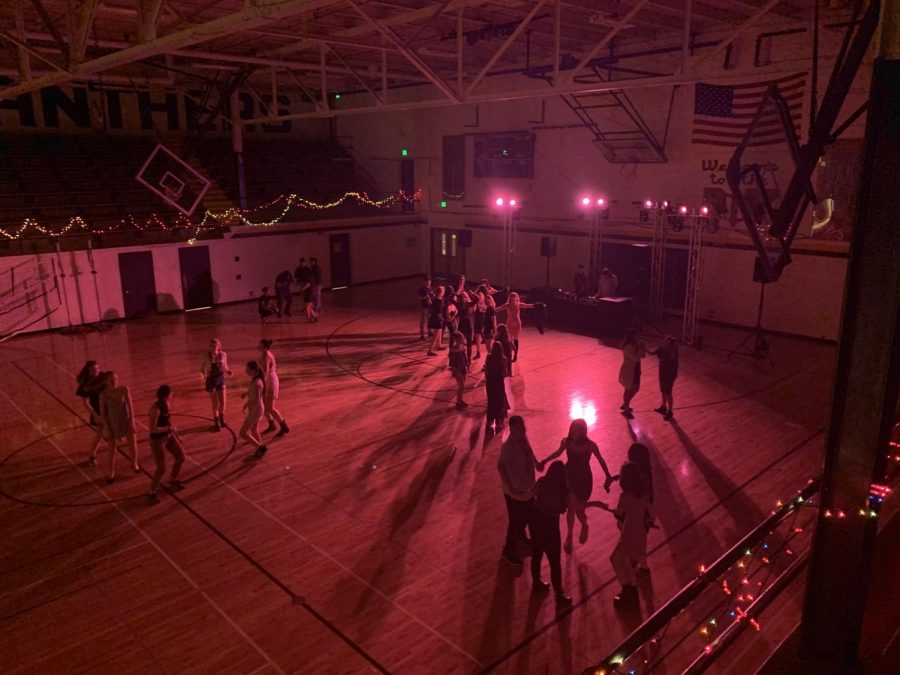 An aerial shot of the vast and underpopulated Pit during the winter informal dance. 