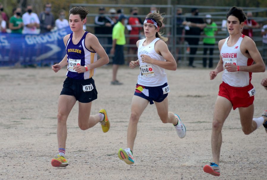 Lukas Haug, left, looks towards the finish line at the Colorado State Cross Country meet on October 17. 