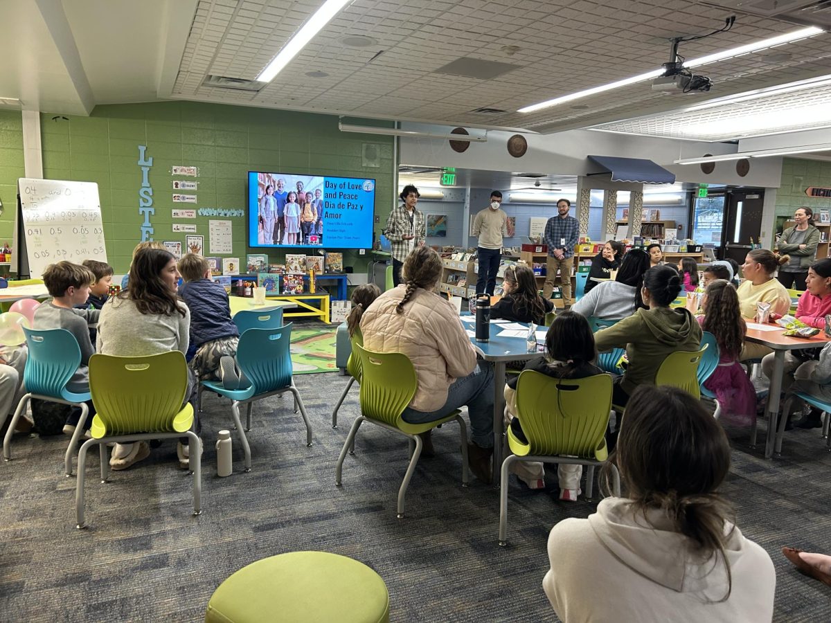 Paco Villa, ‘27, addresses families at Crest View Elementary during Team
Peace’s launch event. Villa shared his vision for expanding the organization
next school year to include tutoring and mentorship opportunities for
Boulder High students.